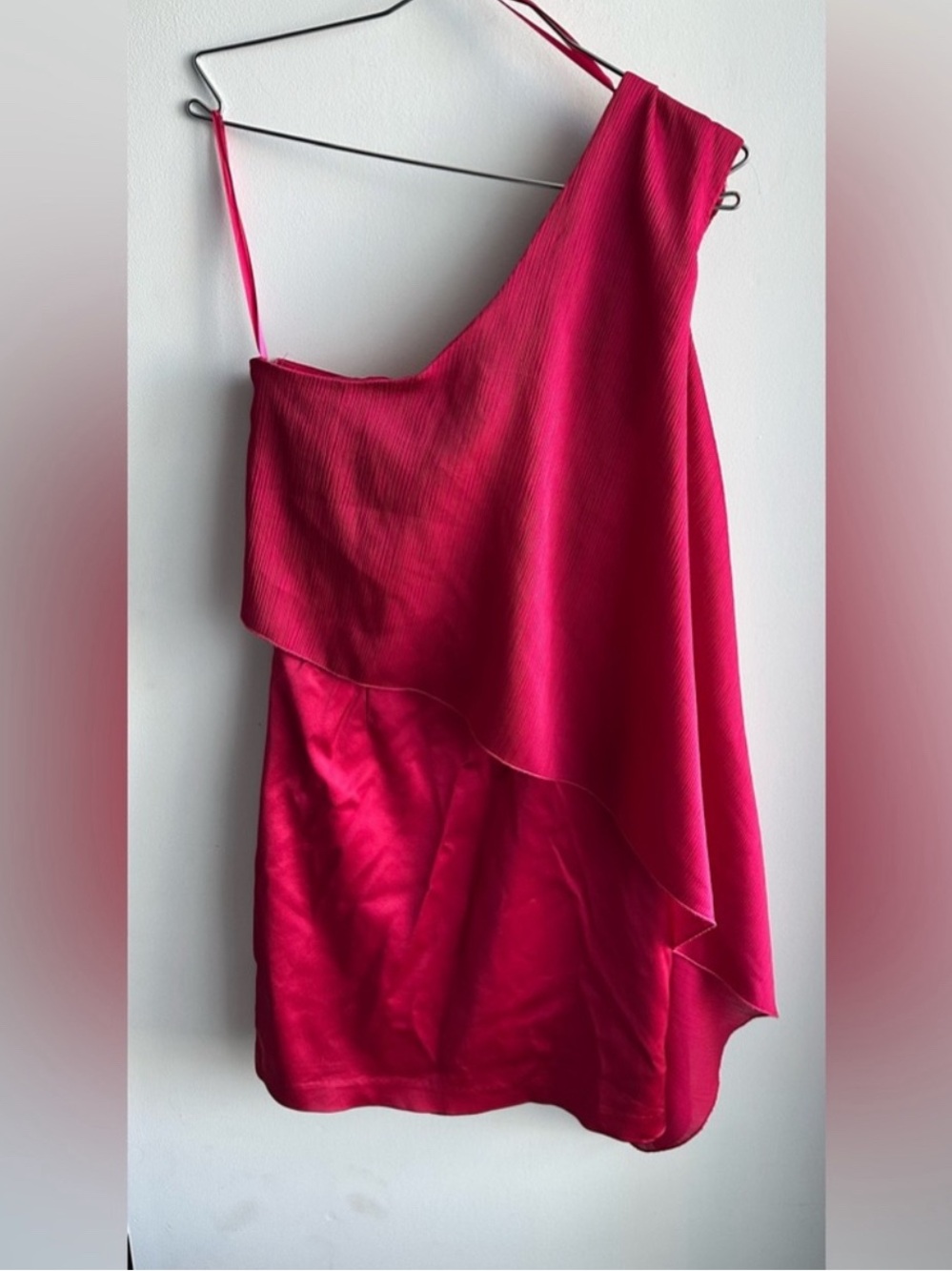 le chateau One-Shoulder Fuchsia Satin Dress with Floral Accent - Picture 5 of 5